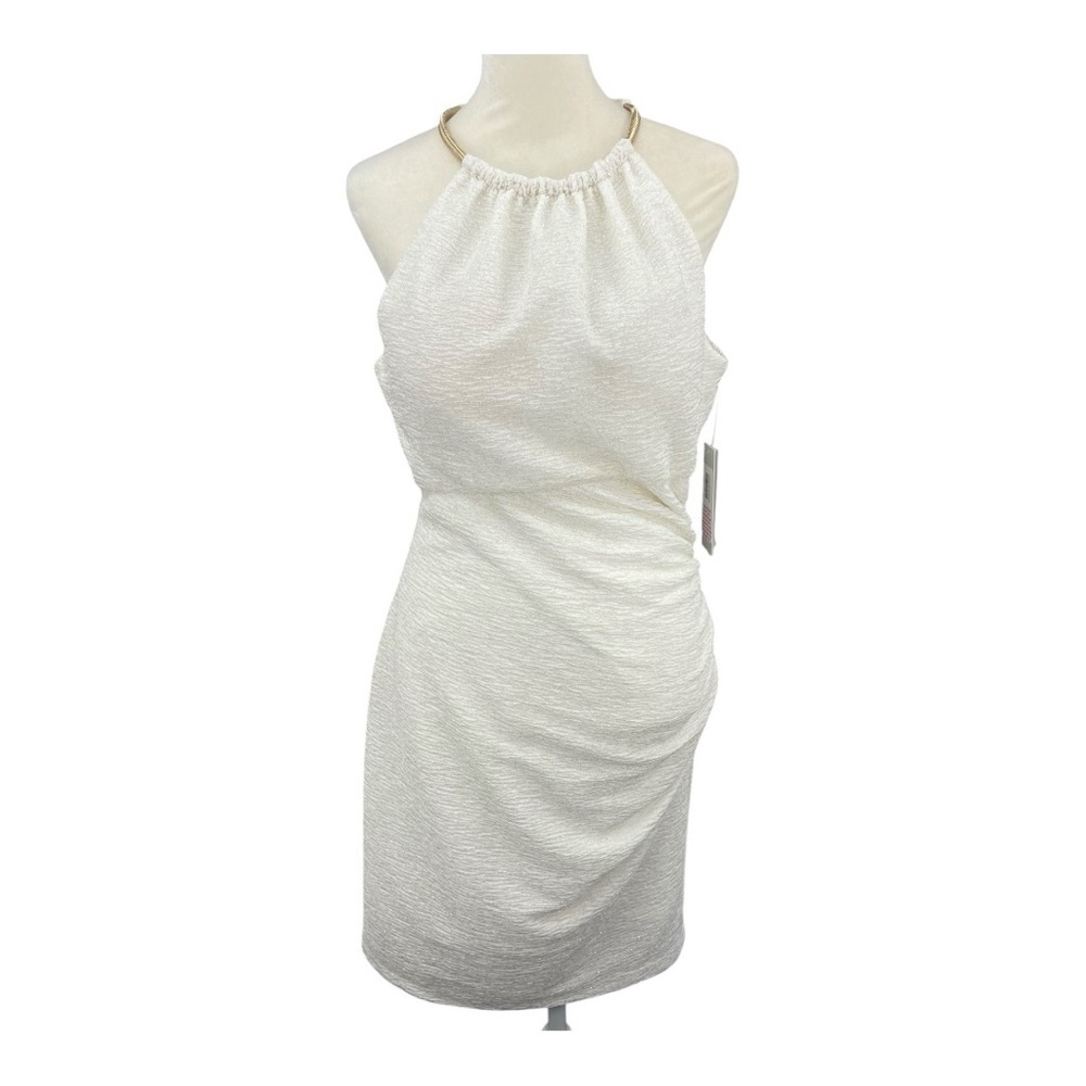 Eliza‎ J Ivory & Gold Fukuro Textured Glitter Halter Sheath Party Cocktail NWT